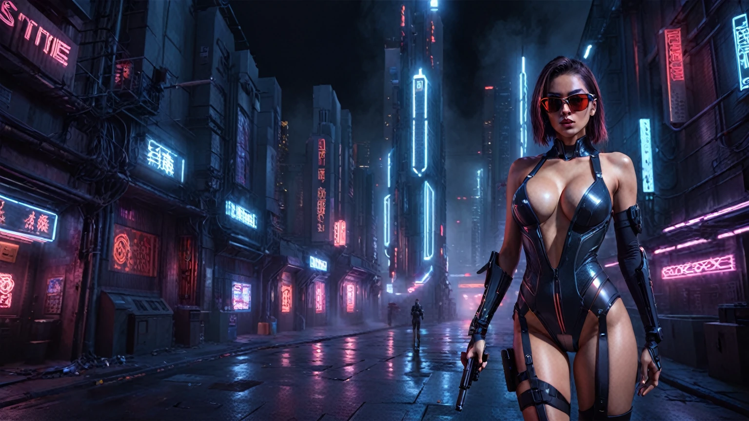 There's a cyborg woman (8k) wearing a futuristic leotard (best quality) standing in a cyberpunk city alley at night, darksynth aesthetic, red neons, haze, foggy night, ultra detailed, photorealistic, (1girl, solo, alone), large-breast:1.2 slim body, cleavage:1.1, (black sunglasses), (holding a pistol:1.8), half-body thigh level medium shot, cinematic lighting, ray tracing.