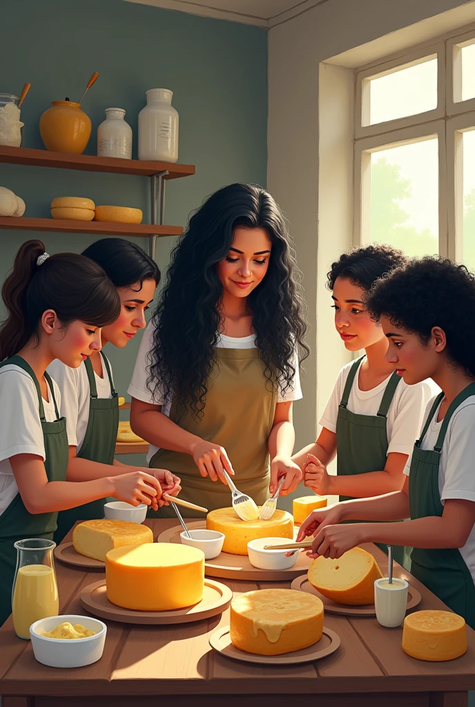 Create an image of a teacher with long black hair, with their students who are producing agricultural products, like cheeses, iogurtes, candies, compotas, etc. The drawing doesn't need to be so realistic, but it doesn't need to be too simple either. Lembrando que são alunos do ensino médio e tanto ele como a professora are Brazilian. And do not generate people with oriental characteristics. Place 2 women and 2 men as students in the image.  Being a woman with dark curly hair, another with straight hair and a little overweight. Men generate a lot of curly and dark hair, One with short hair.. These teenagers are around 20 years old, and both they and the teacher, are Brazilian.