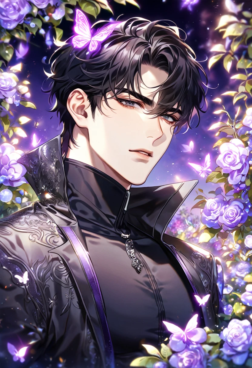 (absurdres, highres, ultra detailed, HDR) master piece, best quality, extremely detailed, delicated features, Yoo Joonghyuk, black hair, expressive gray eyes, Omniscient Reader's Viewpoint, solo, sexy man, handsome, sensual, black coat, black tight turtleneck shirt, fantasy, magical, glittering, shining, purple flames, purple moon, purple flowers, purple butterflies, garden