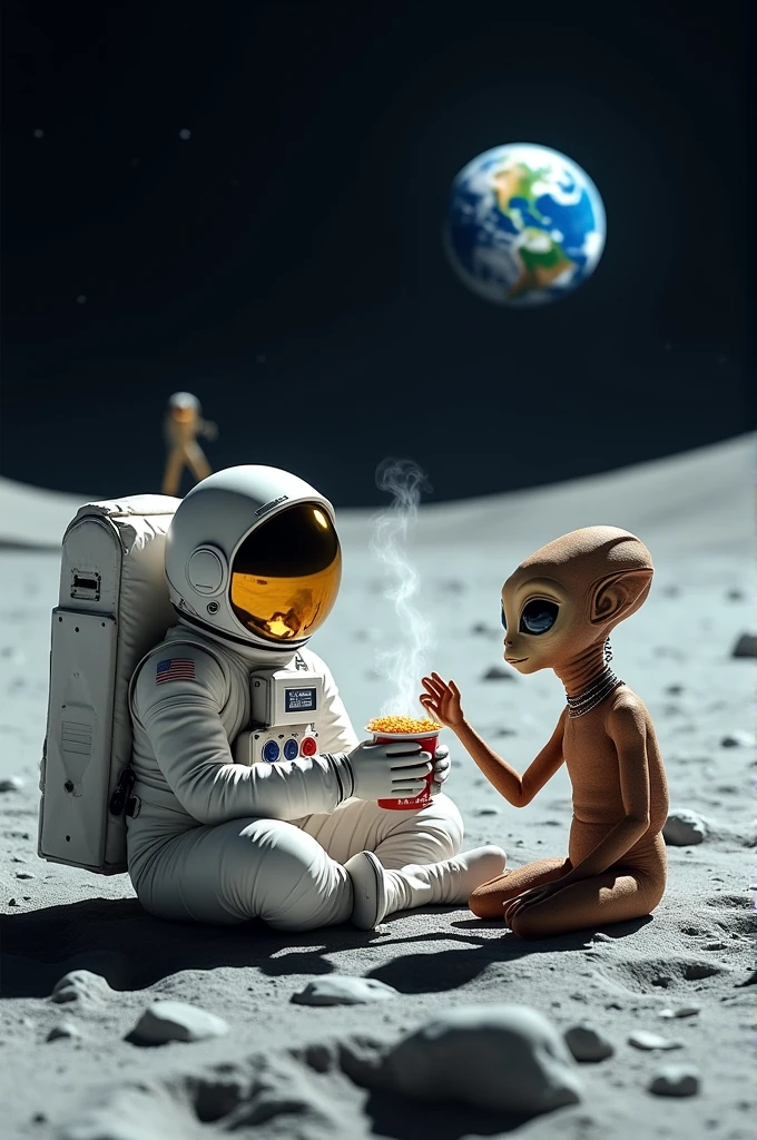 A man on the moon eating instant noodles with an alien beside him.