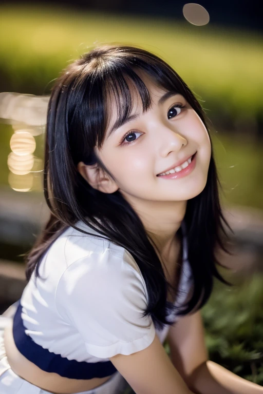masterpiece、８ｋ、Highest quality、21 years old、Beautiful Eyes、Close-up of a face、Cute Smile、from the front、Riverbank、night、Sky、(((Many Stars)))、Looking up at the sky、Looking into the distance、((White camisole))、((Navy blue mini skirt))、Rural landscape、Medium-long hair、Straight black hair、bangs
