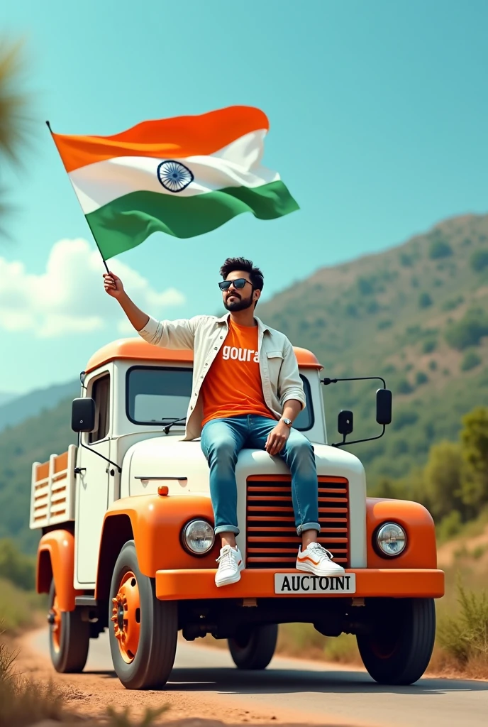 Create an Real image featuring a young man sitting on the hood of a white and orange truck, with india’s scenic background. He’s holding a flag celebrating india’s 15th August. The boy wears a orange and white T-shirt with ‘goura’ printed on it, white jacket, white orange, black shoes, and sunglasses
