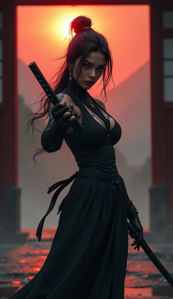 A captivating noir-style illustration of a female ninja warrior warrior, reminiscent of a female manga character by Taite Kubo. She exudes confidence and arrogance with her dagger, she points her dagger towards the camera in an intimidating manner, ready for action. The realistic shading highlights her curves, elongating her legs and accentuating her hourglass figure. Against the backdrop of mist and a dimly lit entrance to a Japanese temple, the rising sun casts a warm, inviting glow over the damp landscape. The blurred mountain landscape adds depth, while the backlight creates a dramatic atmosphere of intrigue and danger. The SLR's exceptional lighting and shadows accentuate the realistic features, while the cinematic close-up lighting highlights the intricate details of her elaborate makeup. Shot with Unreal Engine 5 and high-speed photography, DSLR, Nikon D750, cinematic and impressive,