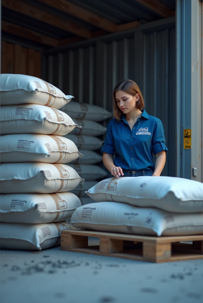 An image of a woman wearing a blue blouse with the inscription 'URBPLAN' in white, observing packages of different mortars (AC1, AC2, AC3) in a shed. The packages weigh 20kg, they are made of kraft paper and are organized on wooden pallets. The main colors of the image should be in shades of blue, predominating throughout the scene