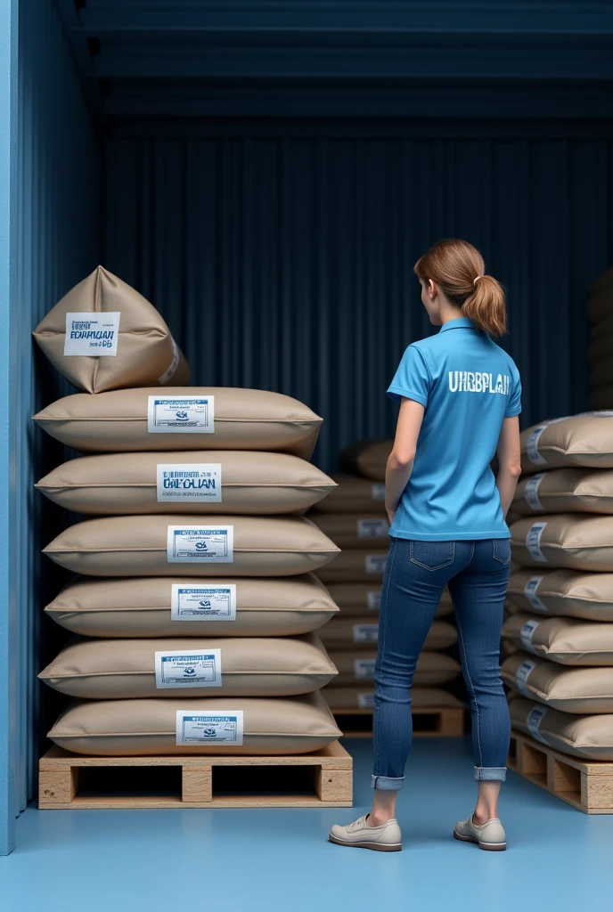 An image of a woman wearing a blue blouse with the inscription 'URBPLAN' in white, observing packages of different mortars (AC1, AC2, AC3) in a shed. The packages weigh 20kg, they are made of kraft paper and are organized on wooden pallets. The main colors of the image should be in shades of blue, predominating throughout the scene