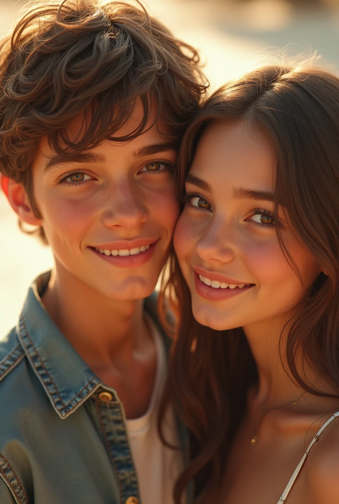 hetero couple 23 years old, highlights wearing a casual clothes with a wedding rings highly detailed, innocent face, natural wavy hair, hazel eyes, Beauty 1 couple, 1 couple beauties, Casual clothes, attractive male, attractive man, attractive young man, beautiful young man, portrait of beautiful young man, A hyper-realistic, Smiling expression, party birthday hiquality, Couple group, smiley, smiley, streaked hair, Nikon, Canon, Fujifilm, HD, 4K, 8k, 16k, highres