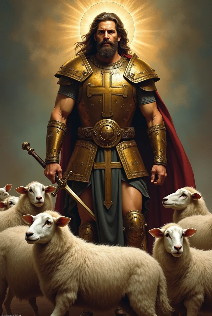 (absurdres, highres, ultra detailed), ((imagem com traços de pintura de Da Vinci)), 1 male, Jesus Christ, muscular man, beard and big hair, beautiful armor with cross on his chest, with a weapon in his hands, protecting his several sheep,