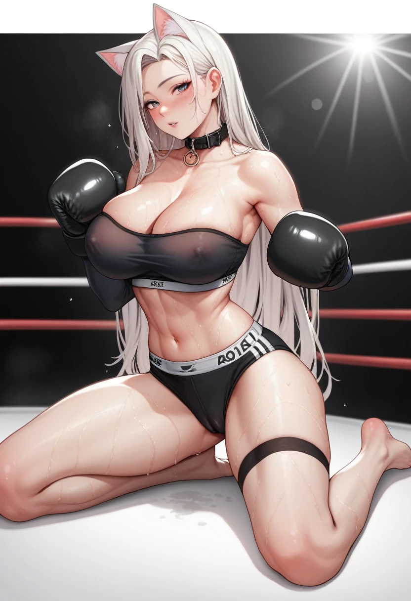 South Korean female boxer,18 years old,Pretty Face,Slim figure,No muscles,detailed picture, Seductive expression, blush,White long hair, Wearing a strapless sports bra,Soaked,Wear black garter stockings,No shoes, Wearing black boxing gloves,Black sleeves on arms, Sit in the boxing ring and stretch one foot forward,Large Breasts,Cleavage,Long legs,Thin waist,nipple,Camel toe,Collar,Cat ear