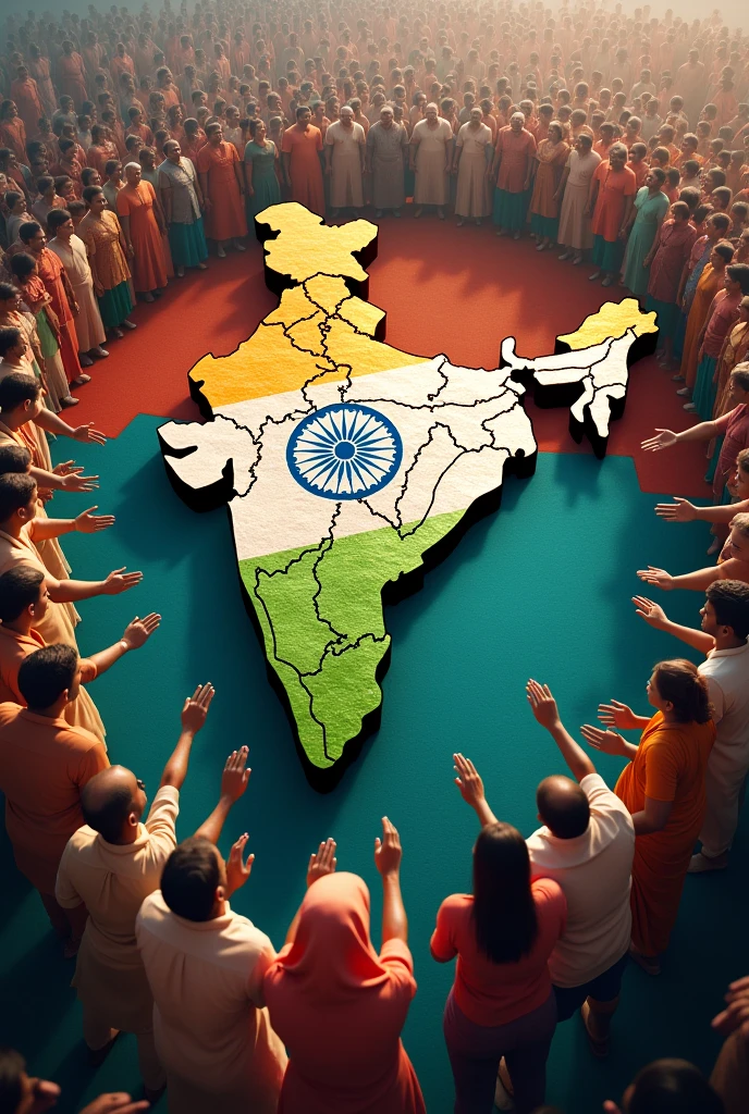 Indian maps in colour tringa and all regions people staind around the maps and salute the tiranga and god bless all regions people 
