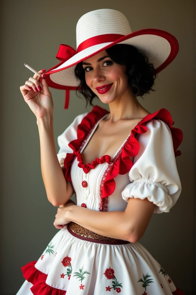 Woman with white hat and red ribbon with cards on the hat, covering half of her face. with short wavy black hair, white and red gypsy blouse and large white skirt with red ruffles and several gypsy card designs on the skirt, blowing cigarette smiling and happy with red lipstick