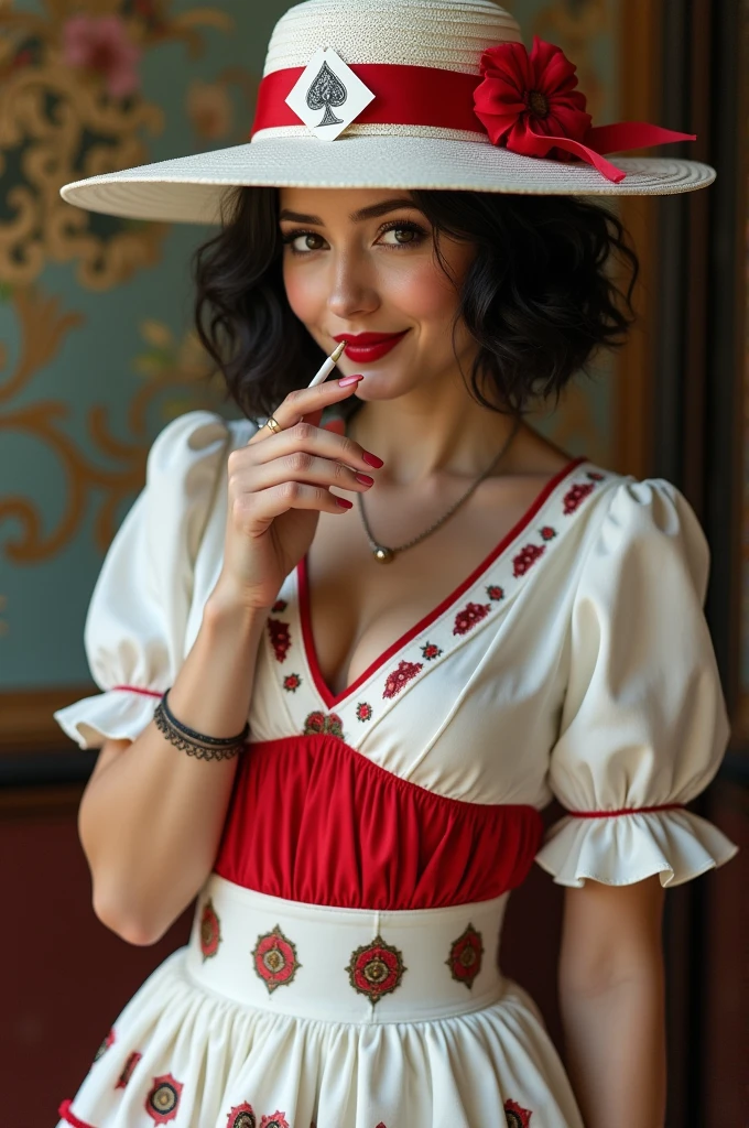 Woman with white hat and red ribbon with cards on the hat, covering half of her face. with short wavy black hair, white and red gypsy blouse and large white skirt with red ruffles and several gypsy card designs on the skirt, blowing cigarette smiling and happy with red lipstick