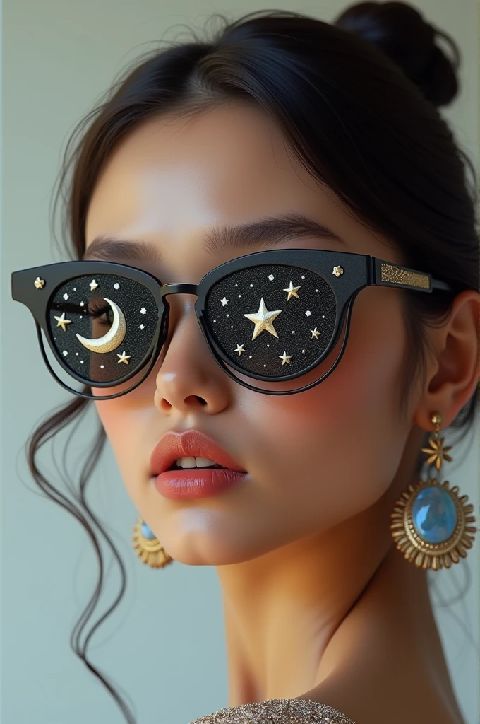 The model is wearing glass sunglasses with stars and the moon on the glass