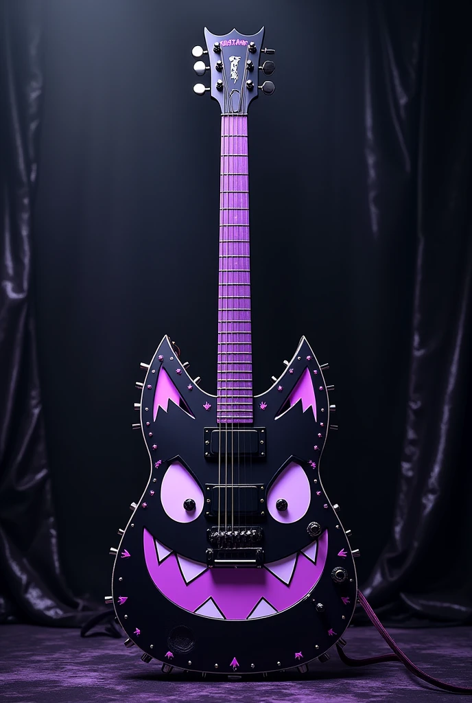 Make a guitar with the shape of the sound box being the face of Kuromi from Sanrio and having her colors