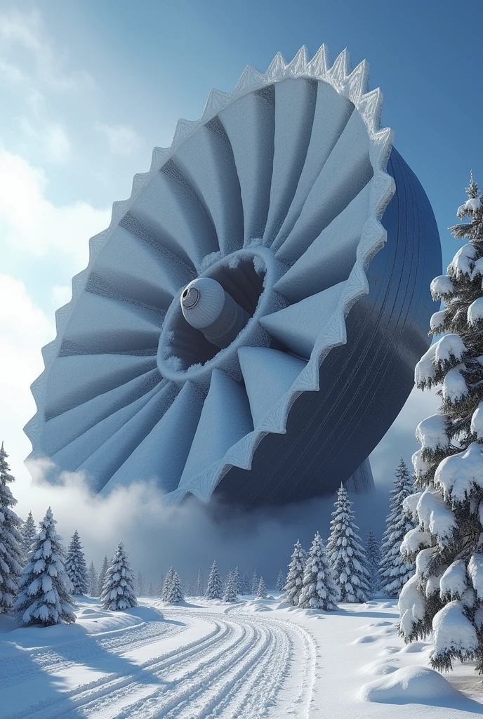 big Cannon that repairs the ozone layer, Stratosphere, BLACK, a giant bladeless fan that sucks hot air in the city and turns it into snow and spits it out.