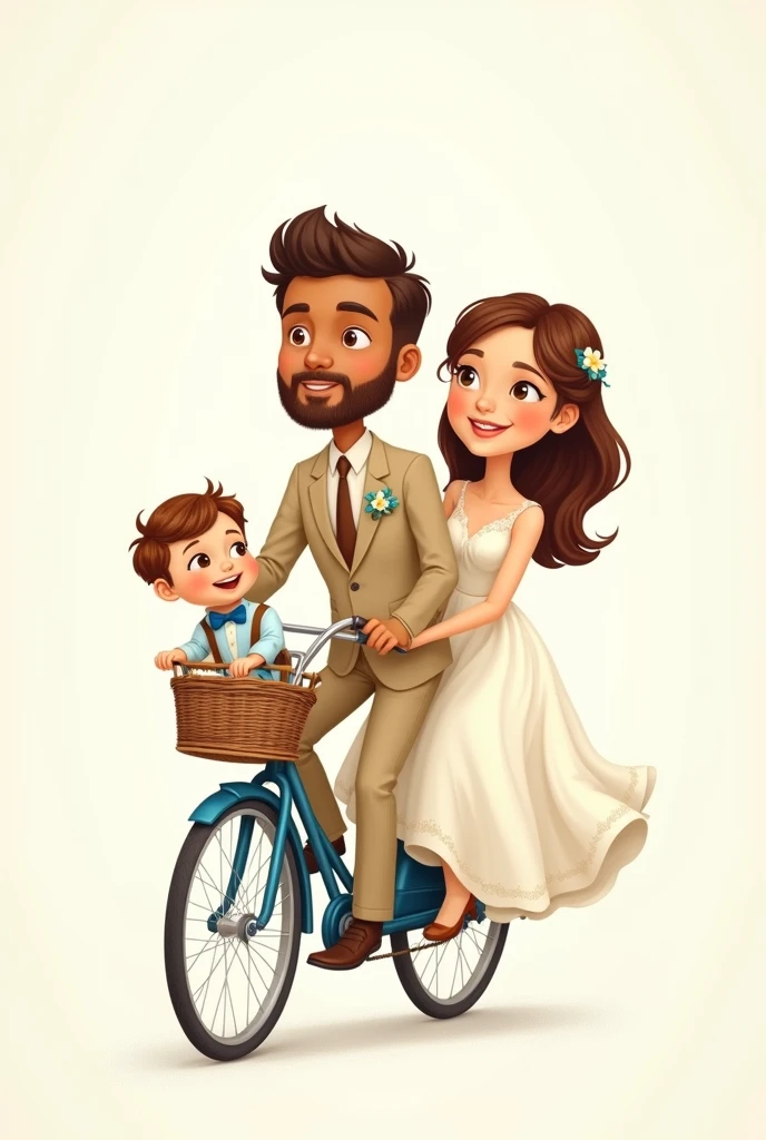 Imagine a cartoon drawing with an aged effect, with soft colors. The newlywed couple, ride on a vintage blue two-seater bicycle. The man is cinnamon skin, Without beard, delgado, with beige suit, He wears a brown tie. The woman, with a white wedding dress and long brown hair. in front of a bicycle with a basket, there is your little son, In a light blue suit, wearing a bow tie and suspenders. All with a happy expression. The white background.