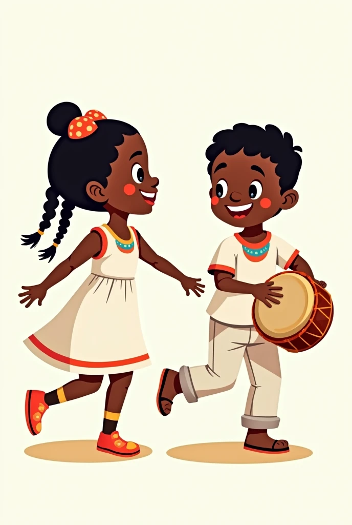 Cartoons of a young girl from the Yungas region of Bolivia with braids dancing saya wearing a white dress and a young boy from the Yungas region of Bolivia dressed in white playing a drum dancing Afro-Bolivian saya without a background
