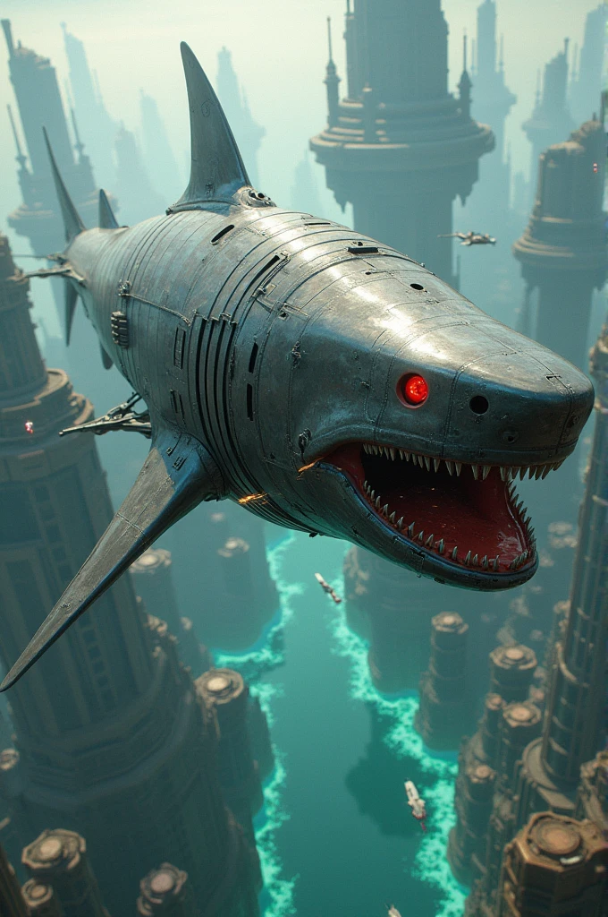 2500 ft long metalic robotical monster megadolon shark diving into the methane oceans flying floating city Frakao 