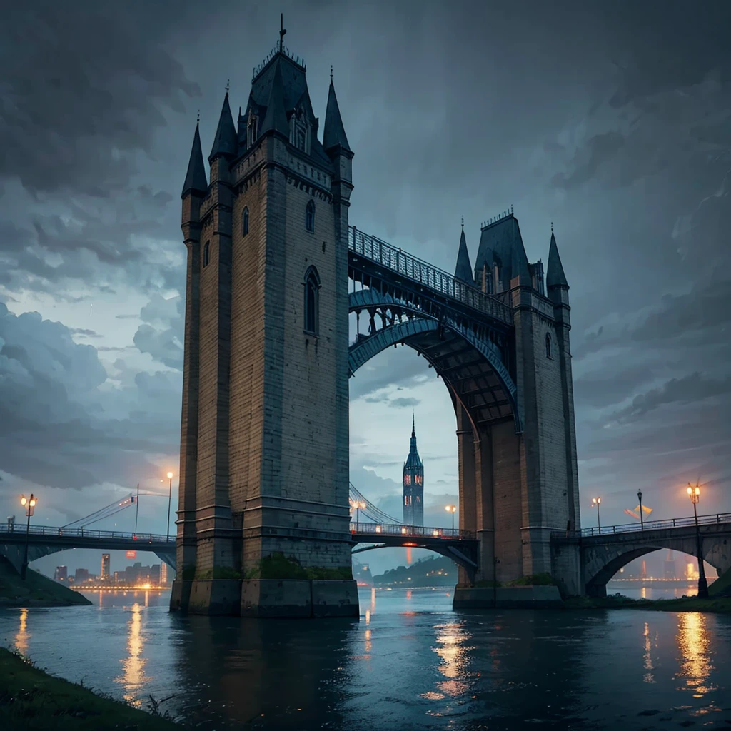 Two towers with a bridge connecting them on a rainy night