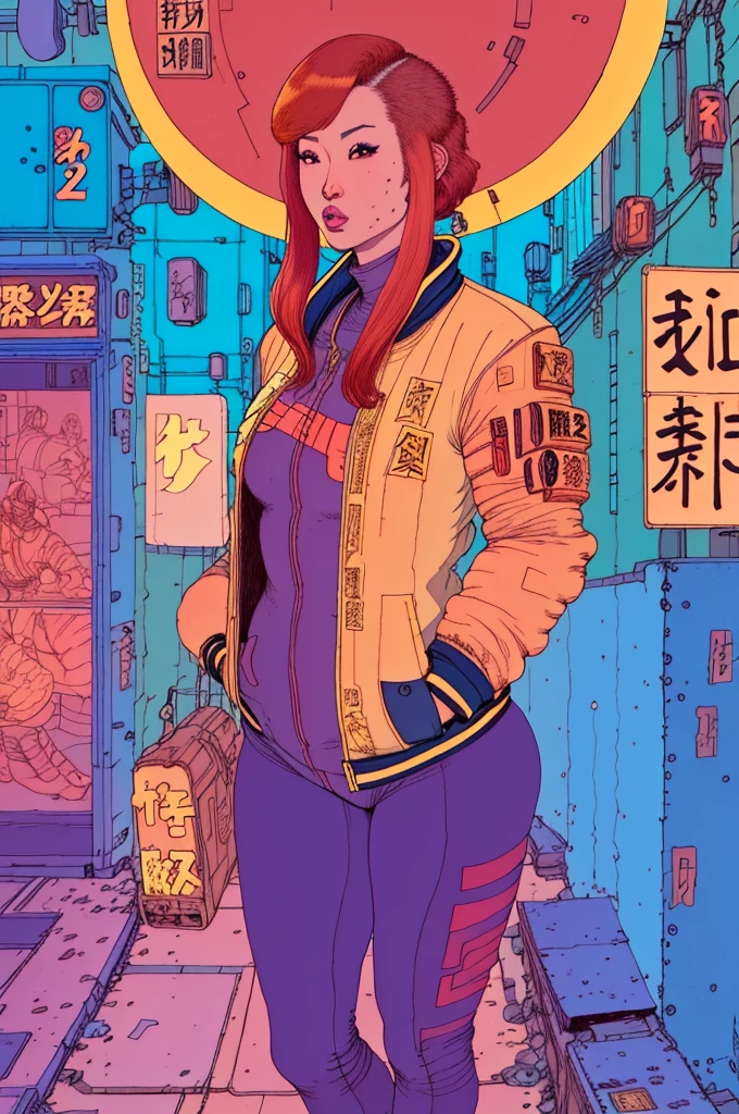 fisheye wideshot standing full body Japanese redhead woman in a leggings and a bomber jacket in a Tokyo alley, by josan gonzalez
