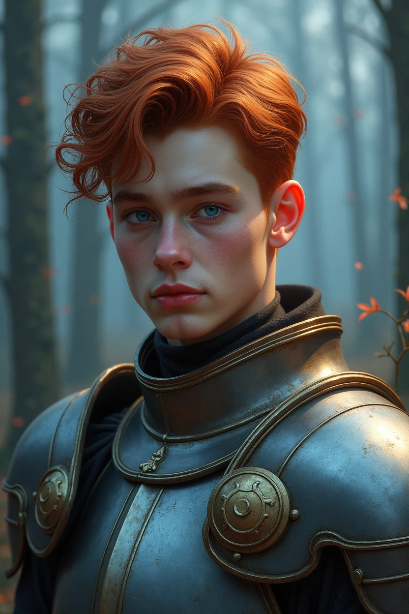 Photo réaliste Tres beau jeune homme charmant regard et tête angelique cheveux roux yeux bleu perçant lèvres roses et brillante en armure brouillard nuit