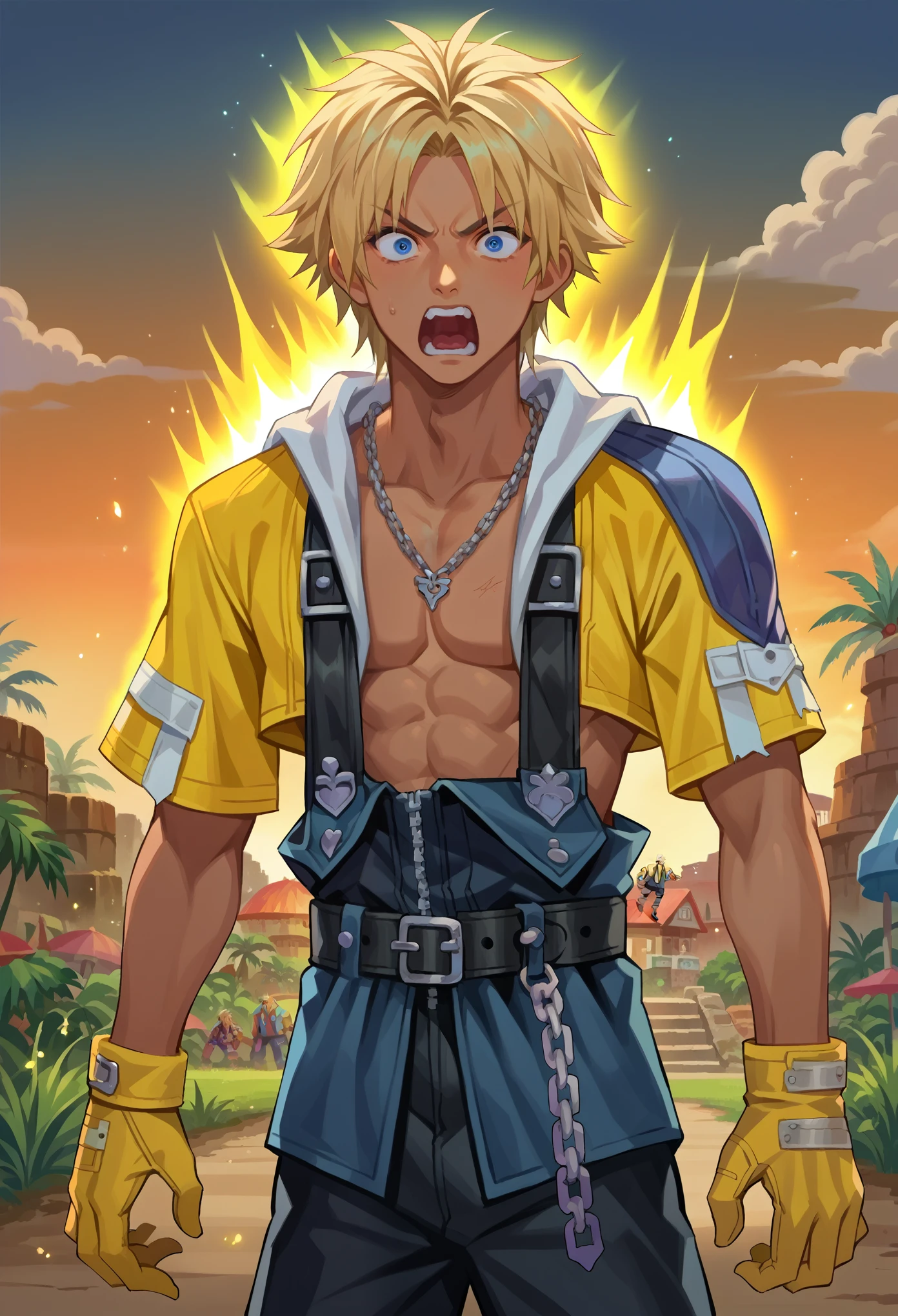 score_9, score_8_up, score_7_up, source_anime, TidusFFX, 1boy, blonde hair, dark hair roots, blue eyes, tan skin, solo, open clothes, shorts, gloves, necklace, overalls, belt, chain, standing, surprised, screaming, gray aura, aura around body, looking at you, tropical village