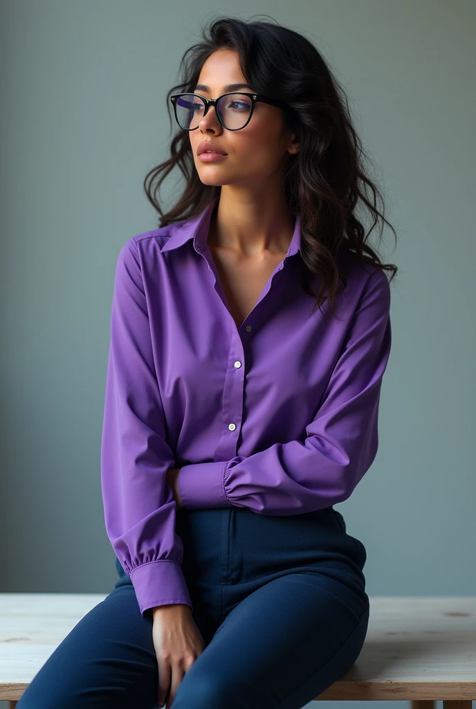 A woman with a purple shirt, and a pair of dark blue pants, glasses