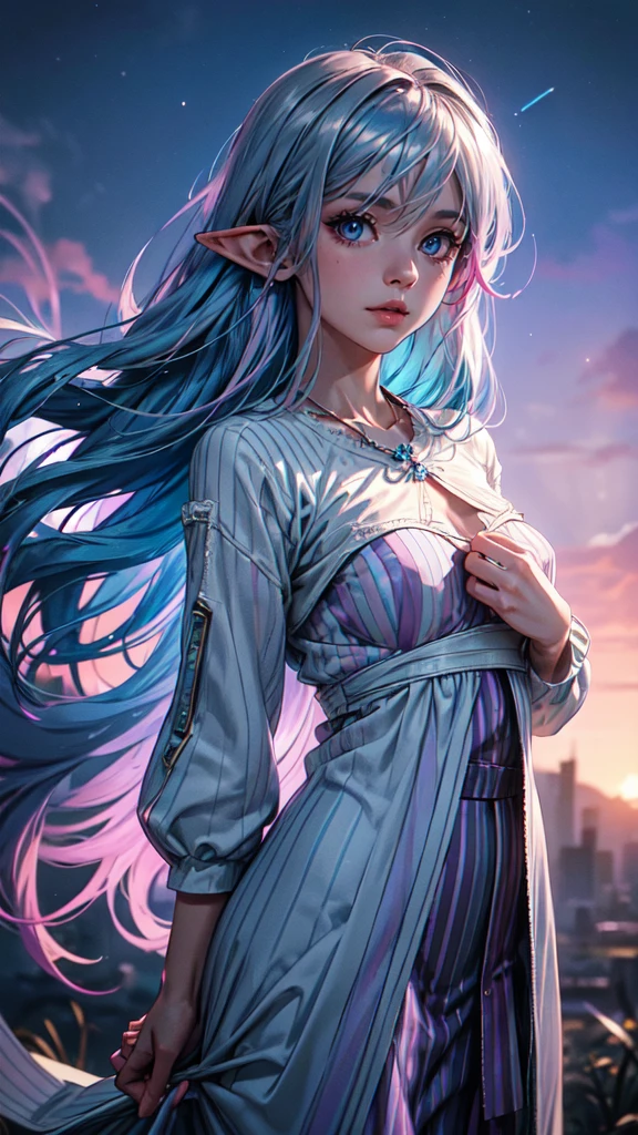 1 girl, 20-year-old girl, One person, (Silvery blue hair with pink and purple stripes:1.4), (Gradient sky blue hair tip:1.6), hair, Ridiculously long hair, Single Side Lock, Wavy Hair, Shine髪, Floating Hair, (Fantastic deep purple eyes), Delicate eyes, Aqua Eye, Very fine eye, Long upper eyelashes, ((Glowing Eyes)), compensate, Focus on the face, Highly detailed facial, Pretty face, Perfect breasts, Hot body, (Delicate skin texture:1.2), break, White extra long skirt, necklace, Technical clothing masterpiece, on the road, Gazing at the starry sky, meteor, cyber punk, Detailed Background, The perfect layered cut, clean focus, Octane Rendering, Tyndall effect, Real, Dark studio, Side light, 2-color illumination, realism, Chiaroscuro, (Shine光), Shine, Ray Tracing, Cinema Lighting, Futurism, Motion Blur, Atmospheric perspective, Depth of written boundary, Bokeh, Highest quality, 超High resolution, Super Detail, masterpiece, High resolution, Accurate, retina, Anatomically correct,detailed eyes, detailed hands, detailed face, drops of water, drops, full body, elf woman