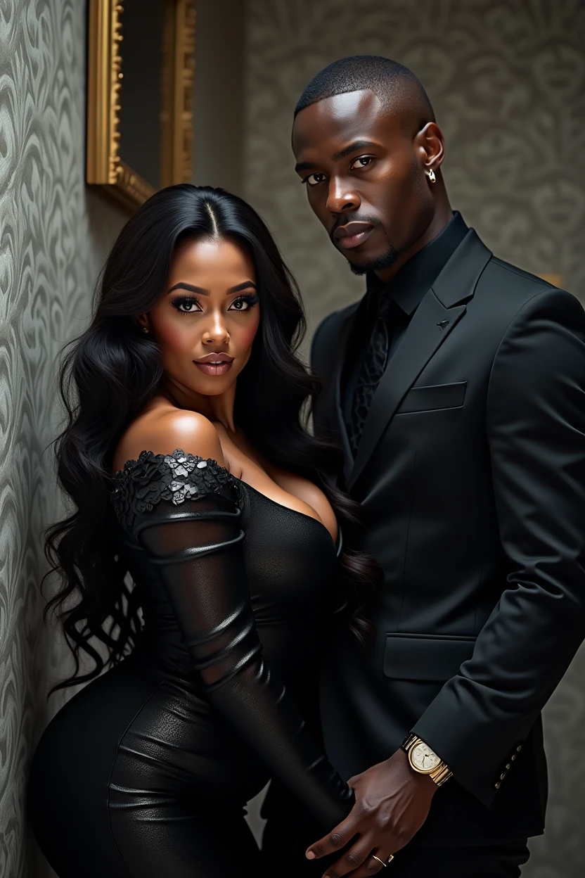 Magnificent detail, 8K Photos, hyper- realism, realistic background, visual depth, wide angle lens, professional light, all-body. Male photographer conducting a boudoir photoshoot of a beautiful curvy brunette woman. The woman is posing for the photoshoot, alongside a Black man. Lingerie fita strappy, small sensual lingerie. The woman's husband appears in the background, sitting in a chair watching, wearing an elegant suit.