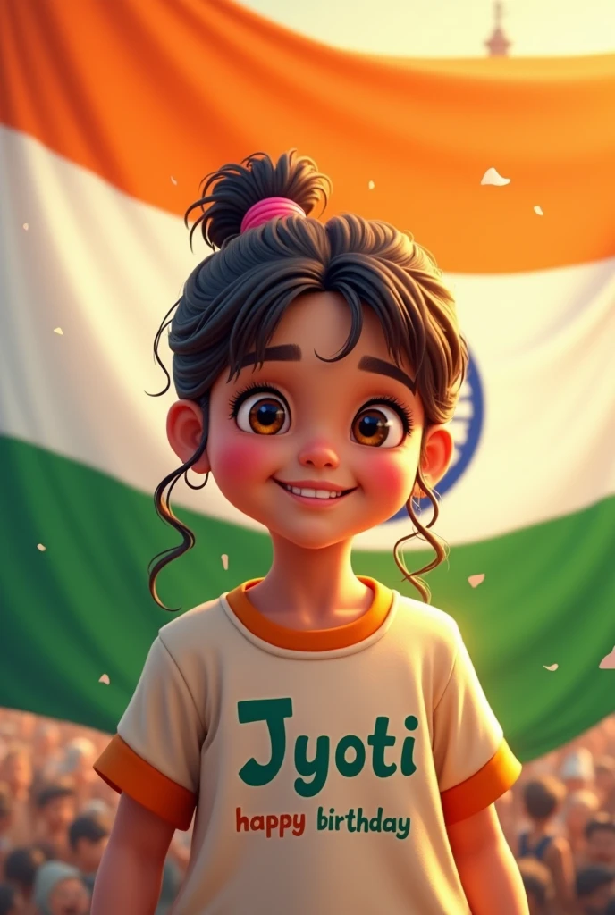  An image of a girl on whose shirt "Jyoti" and "happy birthday" is written, there is an Indian flag in the background and happy independent