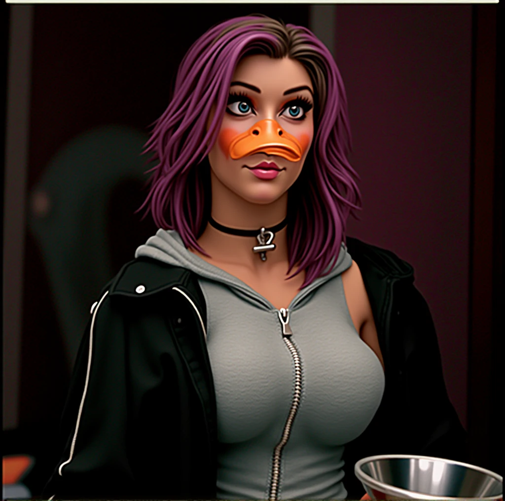 cute woman with big orange duck bill, anthropomorphic duck woman, detailed duck bill growing on face, nostrils, big round wide eyes, big breasts, short purple hair, black zip jacket, thin button hoodie, ultra hd, hyper realistic, 4k, 8k, cross eyed