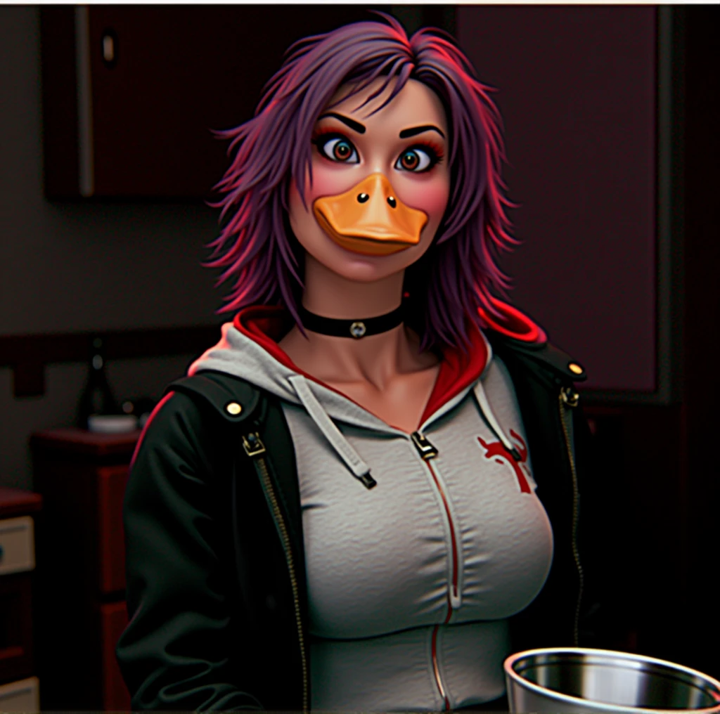 score_9, score_8_up, score_7_up, sera, female black avian, purple eyes, bags under eyes, tired expression, looking up at male, small breasts, messy black hair, she is on her knees, naked, holding a mug of coffee with both hands, in a kitchen, her mouth wide open, she is looking up at viewer, pov, pov viewer has his cock out, pov viewers cock is cumming on her face, cum on her face, viewer is standing, Birds Eye view, side view