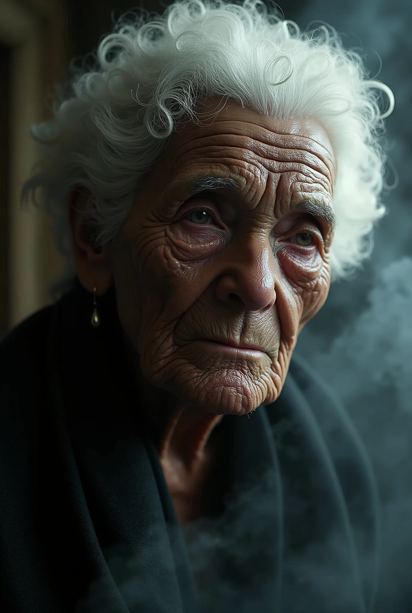 (((masterpiece))), (((Highest quality))), ((Very detailed)), (photograph), (photo:1.2) of a highly detailed and hyper-realistic depiction of a disgusted old black skin queen with scars and wrinkles on her face. Cinematic lights. Masterpiece, best quality, 8K, photo realistic, wallpaper, wallpaper 8k, photographic contest winner, Hyperrealistic art cinematic film still photography in the style of detailed hyperrealism photoshoot. [Entire scene is surrounded by lights, evoking a magical and eerie atmosphere. The lighting is bright and atmospheric, with smoke adding a touch of sinister ambiance. Best quality image, HDR enhancement, showcasing the utmost level of detail and realism].  sfw. [8K, Best Quality, Ultra High Resolution, (highly detailed CG unity 8k wallpaper), (best photo), (best shadows), isometric 3D, octane rendering, ray tracing, highly detailed, (Best quality, 4K, 8k:1.2), absurdity, ultra detailed, (realistic, photorealistic, photorealistic:1.37), complex parts, HDR, (complex parts:1.12), (hyper detailed, hyper realistic, Soft lighting, spicy:1.2), (complex parts, Hyper detailed:1.15). Blurred foreground. (backlit), masterpiece, high quality, brightness, chromatic aberration, foggy smoke, shadows, contrast, clear sky, (warm hue, warm tone), high details, natural reflections].