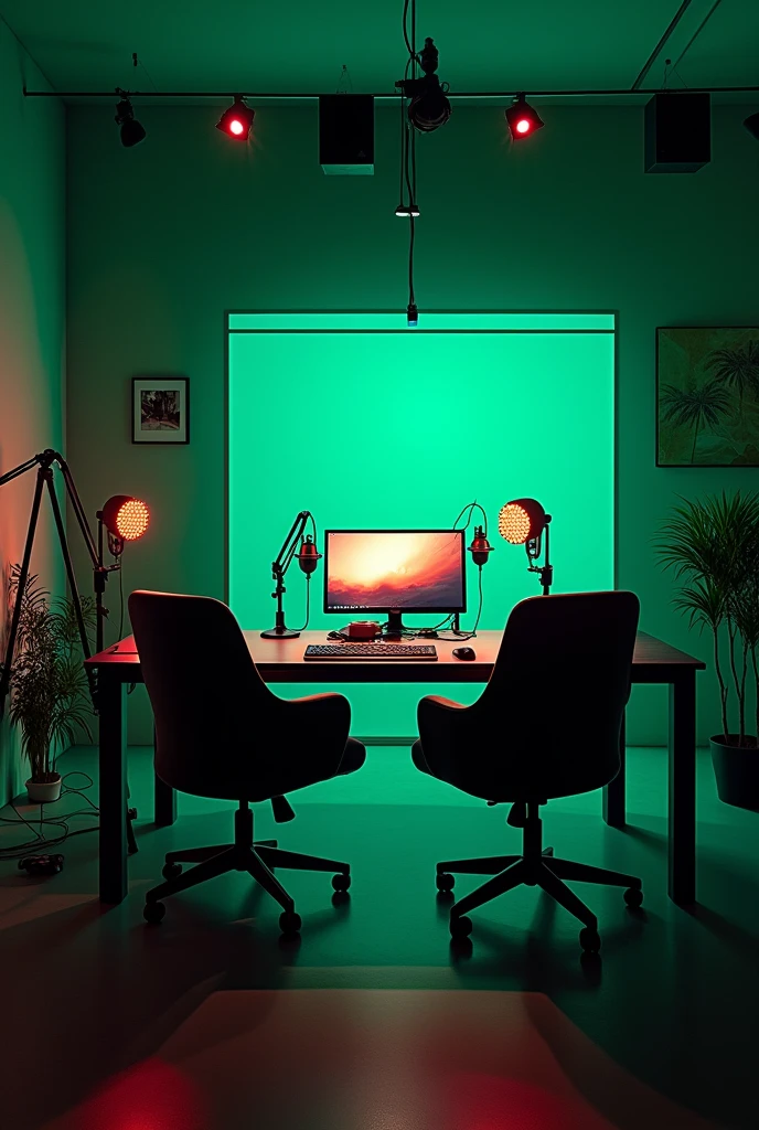 A YouTube streaming table with LEDs light and two chairs having two microphone,a camera setup computer and in that room podcasts sofa with dark green background LED lights, camera setup two sofa , camera, lightning setup up