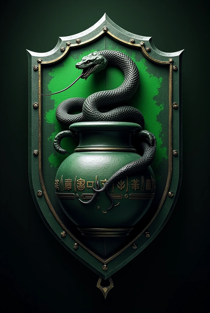 Logo shield for a black and green team with a pot and a snake,
