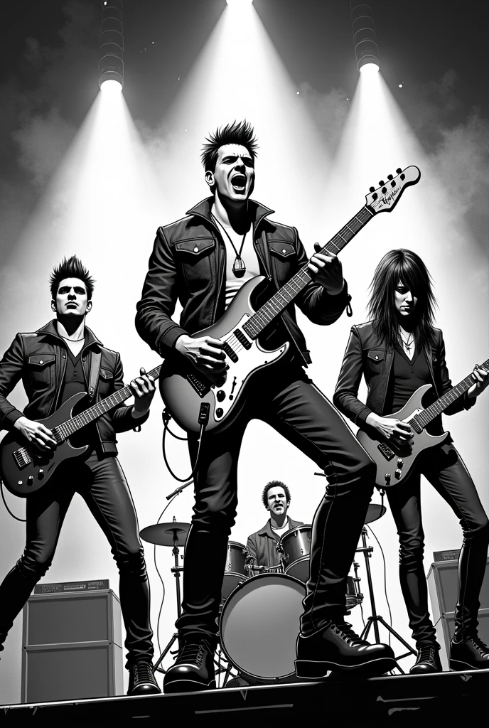 Make a black White comic picture of a Rock band