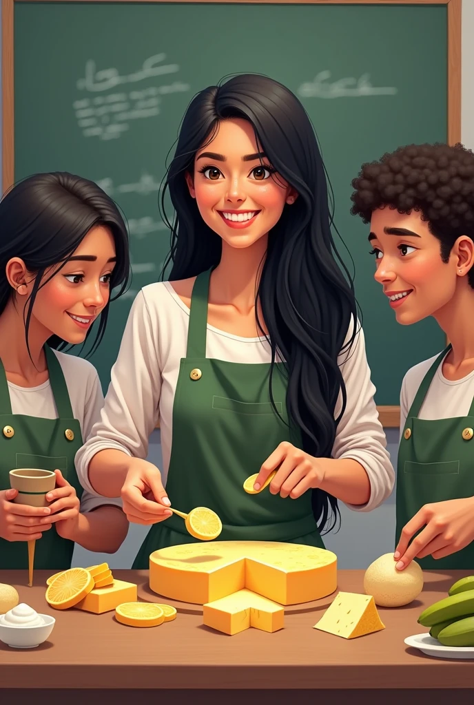 Create an image of a teacher with long, straight, black hair, with their students who are producing agricultural products, like cheeses, iogurtes, candies, compotas, banana chips etc. The drawing doesn't need to be so realistic, but it doesn't need to be too simple either. Lembrando que são alunos do ensino médio e tanto ele como a professora are Brazilian. And do not generate people with oriental characteristics. Place 2 women and 2 men as students in the image. Being a woman with dark curly hair, another with straight hair and a little overweight. Men generate a lot of curly and dark hair, One with short hair.. These teenagers are around 20 years old, and both they and the teacher, are Brazilian.