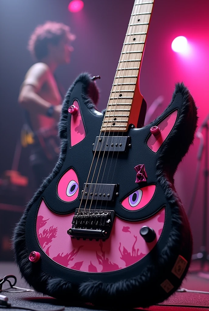 Make a guitar with the shape of the sound box being the face of Kuromi from Sanrio and having her colors