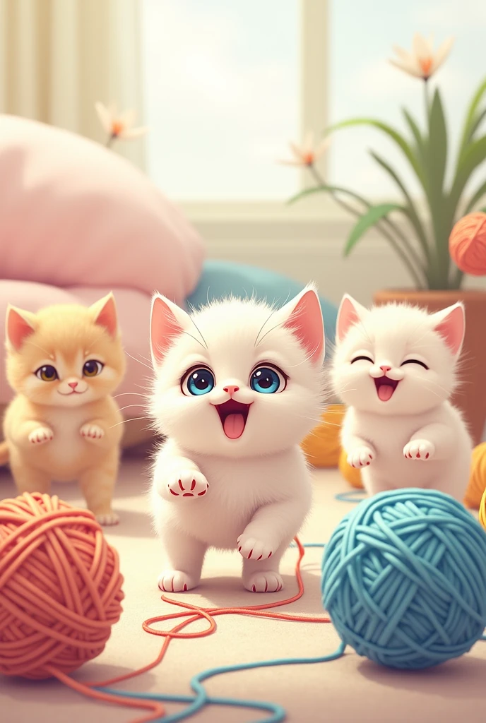 anime: funny kittens playing with yarn balls