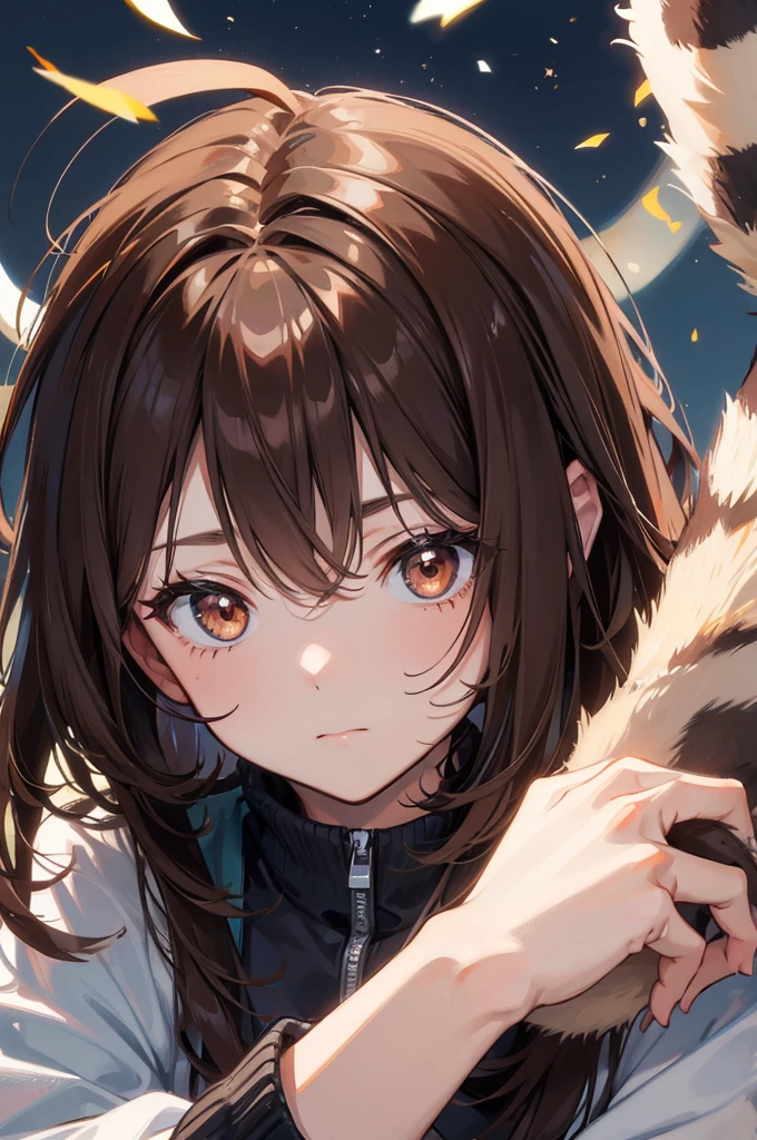 A racoon , with brown hair