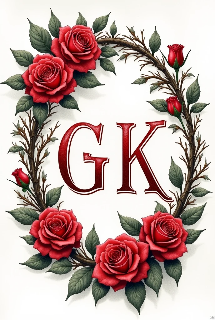Drawing of the letters G + K enclosed in a wreath of roses