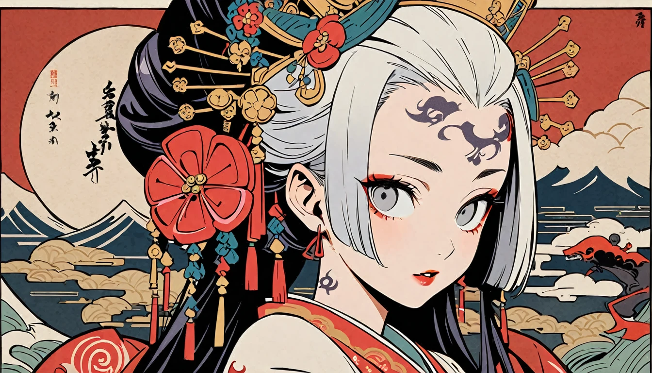 Ink painting, (((1 Ninja Girl))), (((Tattoo in the middle of the forehead))),(((In the background is the Akatsuki moon))), (((Oiran))), (((Great hair accessories))), Japanese style headphones, Demon possession, (((Grey eyes with engraving inside))),Face up close, Japanese beauty, White hair, Sensitive and precise, Modern Ukiyo-e style, Highest quality, katsushika hokusai, (((Elements of horror))), beautiful girl, Sensitive and precise, Modern Ukiyo-e style, Cyberpunk city,