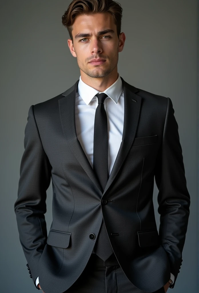 Alphad man in suit ,24 years of age, wearing a suit and a tie, wearing a suit and a tie, subject detail: wear suit, Wearing a suit and tie, dressed in a suit, dressed in a suit, wear suit, wearing robes and neckties, Suit and tie, wear suit, wearing a strict business suit, wearing black suits