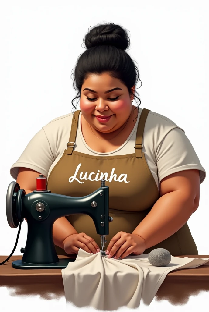Brazilian woman, chubby, with hard, black hair tied up.
Sewing with a white background and an apron with the name Lucinha. 
