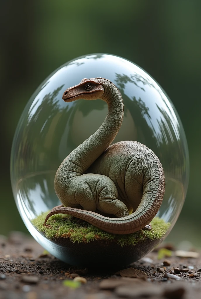 green Brachiosaurus in a 6 cm radius resin ball,curled up like a baby like in a egg,ultra realistic