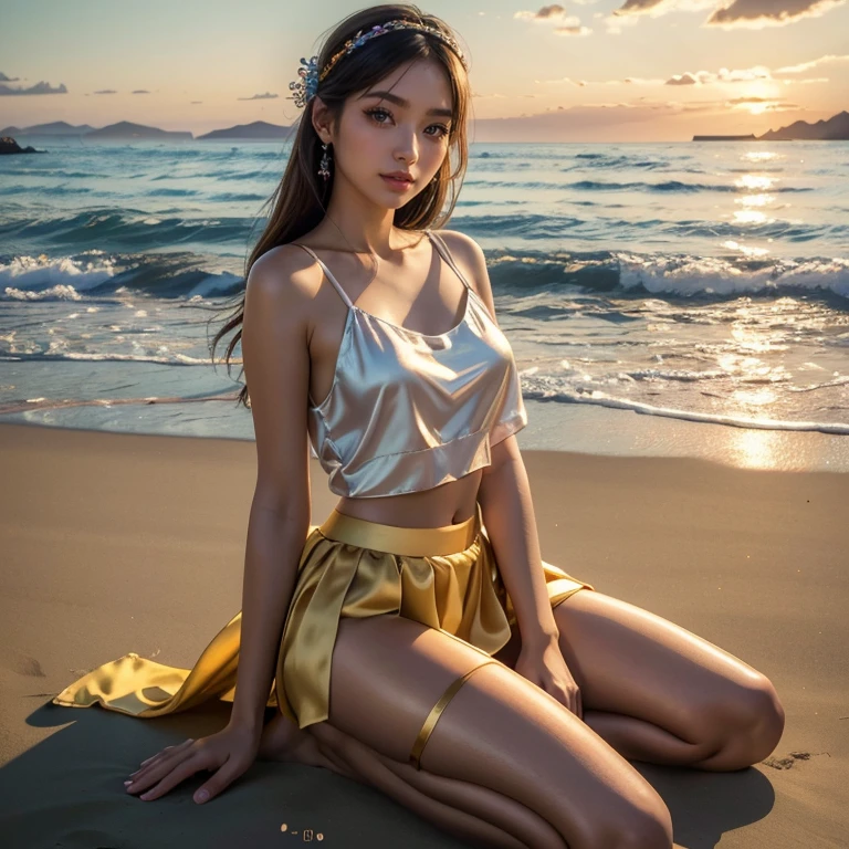 (masterpiece, best quality:1.5), highest quality, High resolution, super detailed, Realists, Full body photo of a Japanese 22 year old woman, detailed and beautiful eyes, beautiful detailed lips, very detailed eyes and face, longeyelashes, 22 year old woman in a chiffon top, Beautiful and colorful makeup, elegant and noble々Pose,shiny satin headband,, Beach and sea as background, bright daylight, bright colors, fine brushstrokes, Portrait style, beautiful color palette, glowing skin, First-class rendering, that captures every detail, enchanting atmosphere, (perfect anatomy:1.2), (The stunning woman is wearing a satin tank top and a short pleated skirt made of satin with long stockings. (magnificent panorama view:1.2)