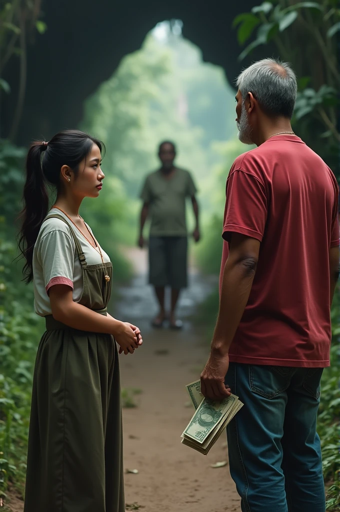 A young farmer woman stands sadly. She looks at the man who has his back turned to her with 10,000 baht in his hand. The man who has his back turned is wearing a red shirt and jeans. An old man in his 70s. A 170-year-old man is walking away into the cave.