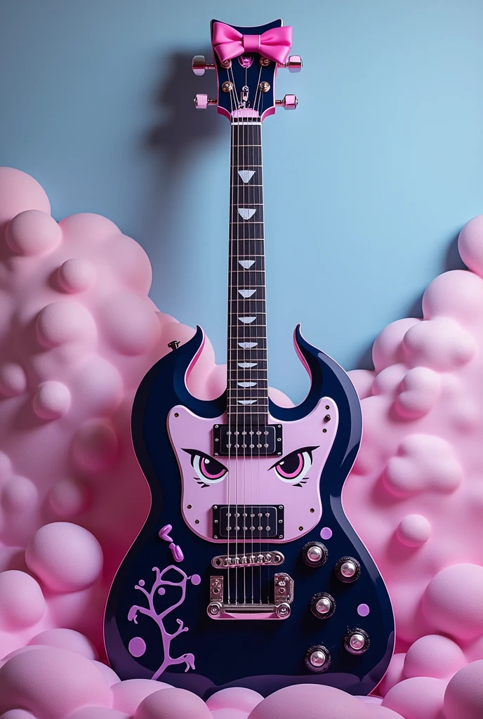 Make a guitar with the shape of the sound box being the face of Kuromi from Sanrio and having her colors