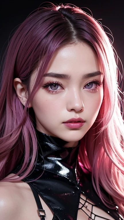 A highly detailed close-up portrait of a young Japanese woman with slightly wavy hair, styled in a messy, modern bob. Her hair is dyed in a vibrant blend of purple and pink, reminiscent of sakura blossoms under moonlight. The soft, pink lighting casts an edgy, mysterious atmosphere around her. Her expressive eyes, enhanced by dark makeup, and deep-colored lips add intensity to her gaze. She wears a black choker with metallic accents, blending gothic and modern fashion. The background features a gradient of pink tones, highlighting her striking features in a bold and futuristic style.