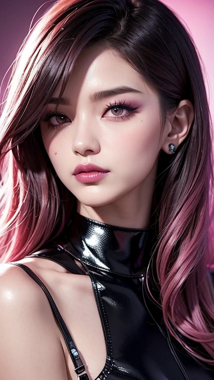 A highly detailed close-up portrait of a young Japanese woman with slightly wavy hair, styled in a messy, modern bob. Her hair is dyed in a vibrant blend of purple and pink, reminiscent of sakura blossoms under moonlight. The soft, pink lighting casts an edgy, mysterious atmosphere around her. Her expressive eyes, enhanced by dark makeup, and deep-colored lips add intensity to her gaze. She wears a black choker with metallic accents, blending gothic and modern fashion. The background features a gradient of pink tones, highlighting her striking features in a bold and futuristic style.