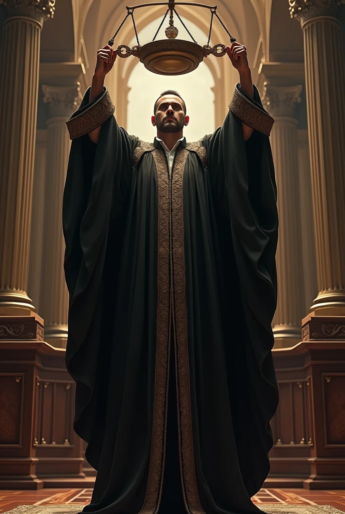 Create images of a judge in a robe holding a weight over his head with both hands raised